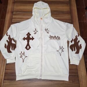 Fashion Cream Hooded Full Zip Jacket w/ Embroidered Crosses "Jenseyo" - Large